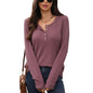 Solid color round neck button loose long sleeved T-shirt top for women