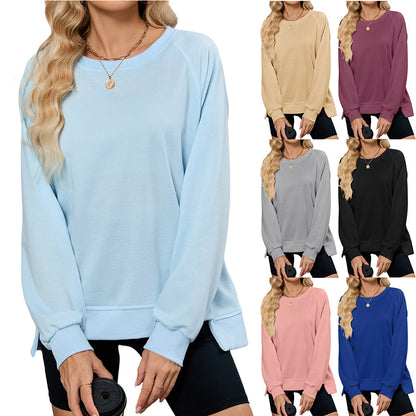 Simple Solid Color Ribbed Crew Neck Long Sleeve Loose Sweatshirt Women's Top