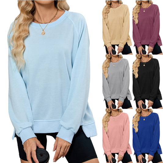 Simple Solid Color Ribbed Crew Neck Long Sleeve Loose Sweatshirt Women's Top