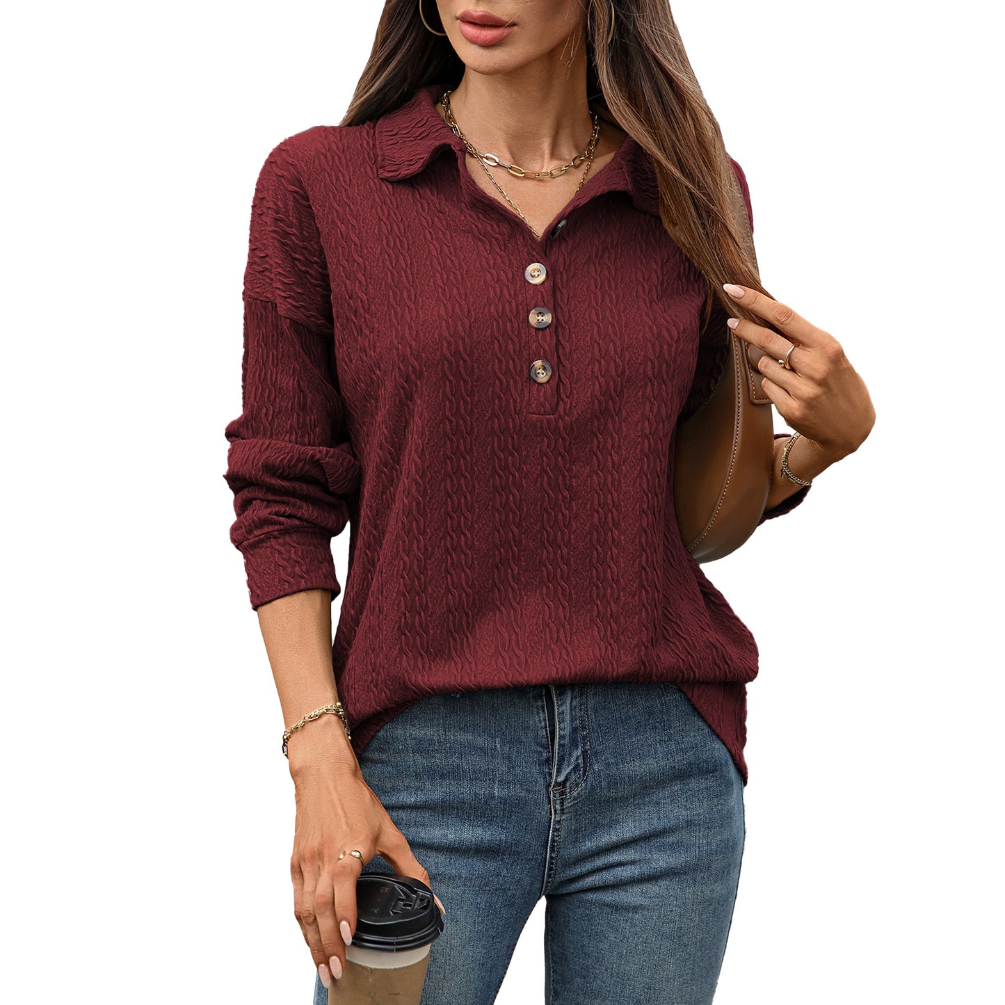 Solid color lapel button loose long sleeved top for women