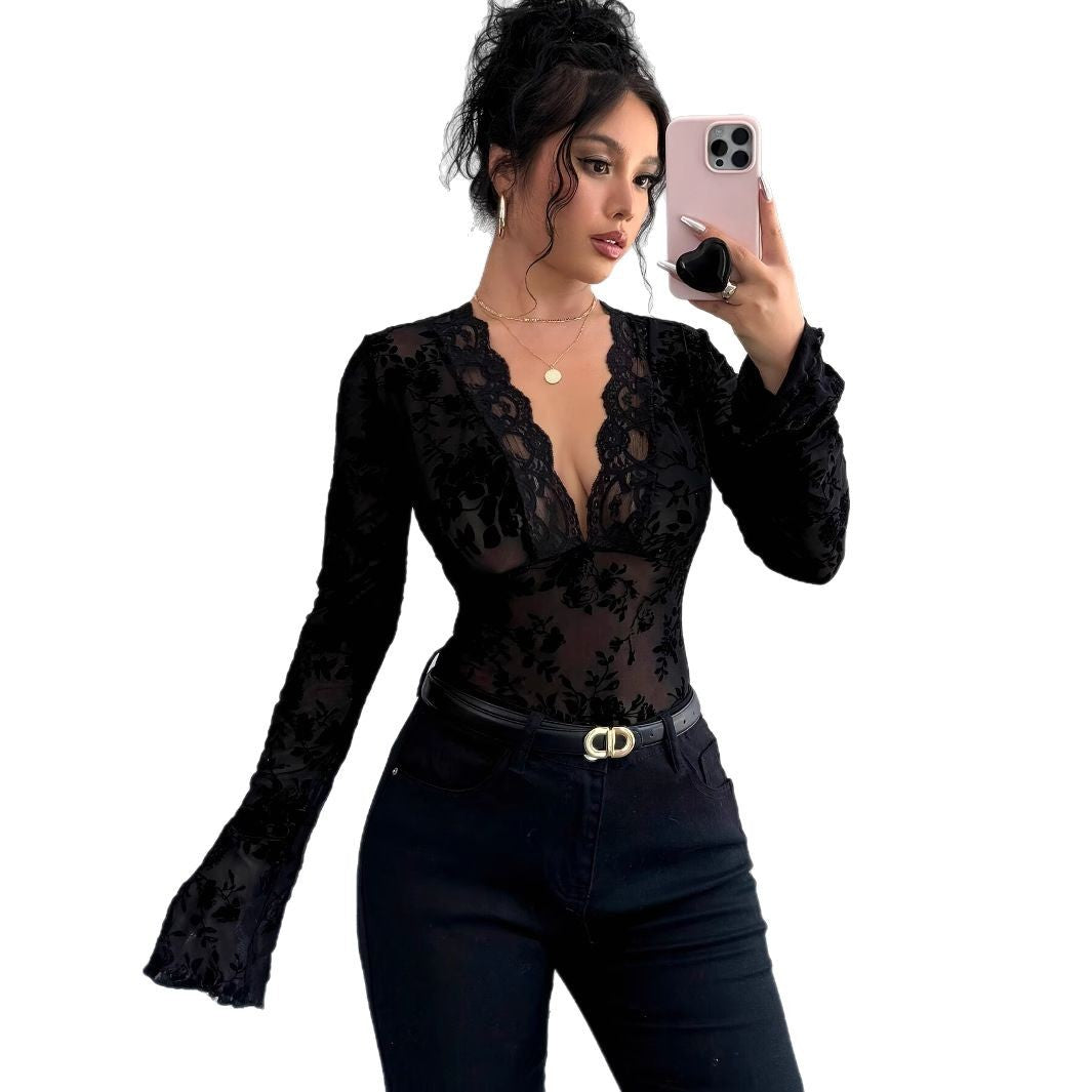 V-neck lace spliced mesh flare sleeve T-shirt for women