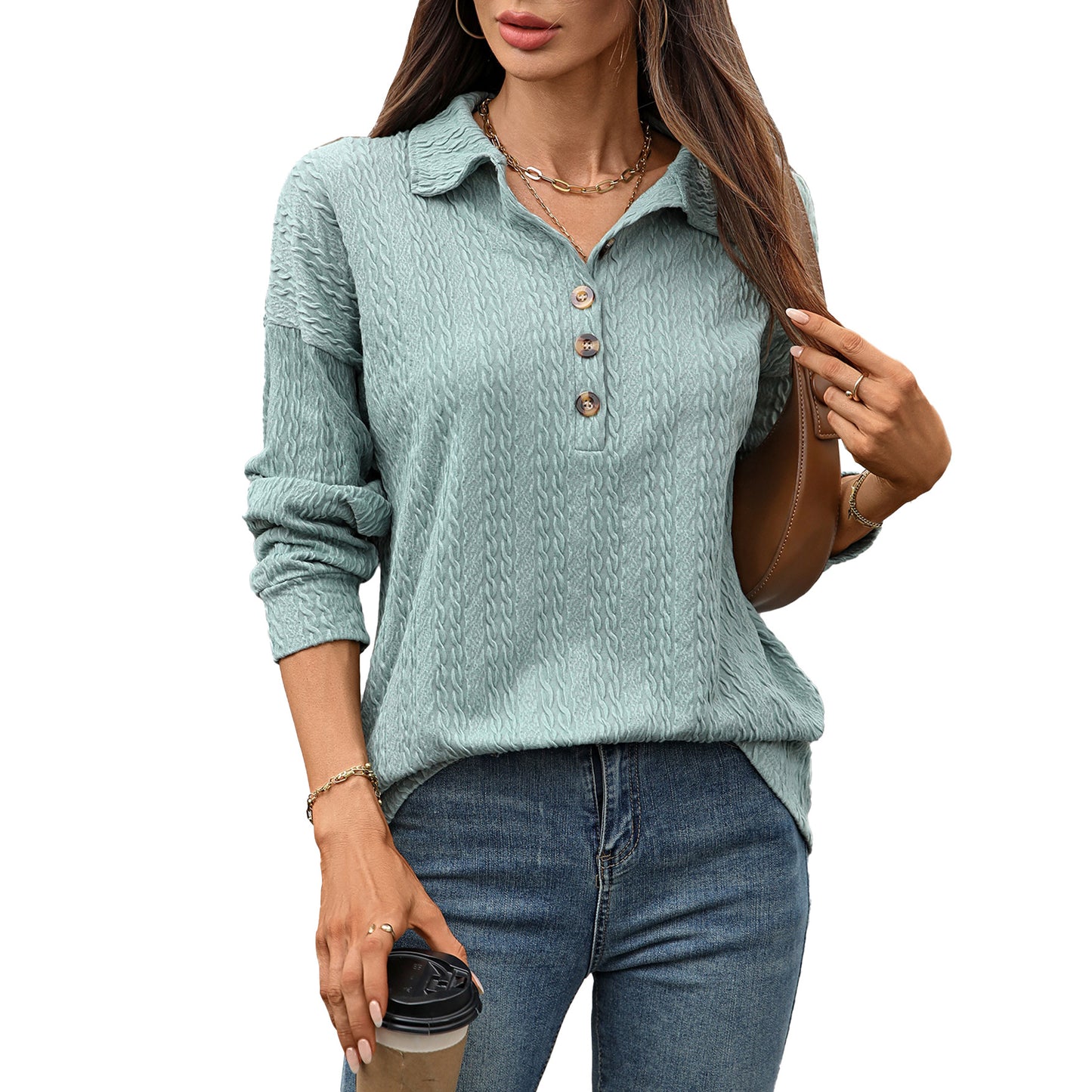 Solid color lapel button loose long sleeved top for women