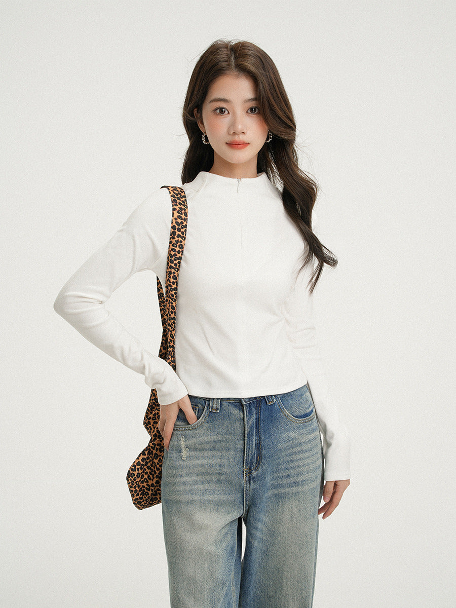 Apricot Half-Zip Thermal Long Sleeve T-Shirt for Women, Stand Collar, Slim Fit, Thickened Inner Layer Base Layer Shirt