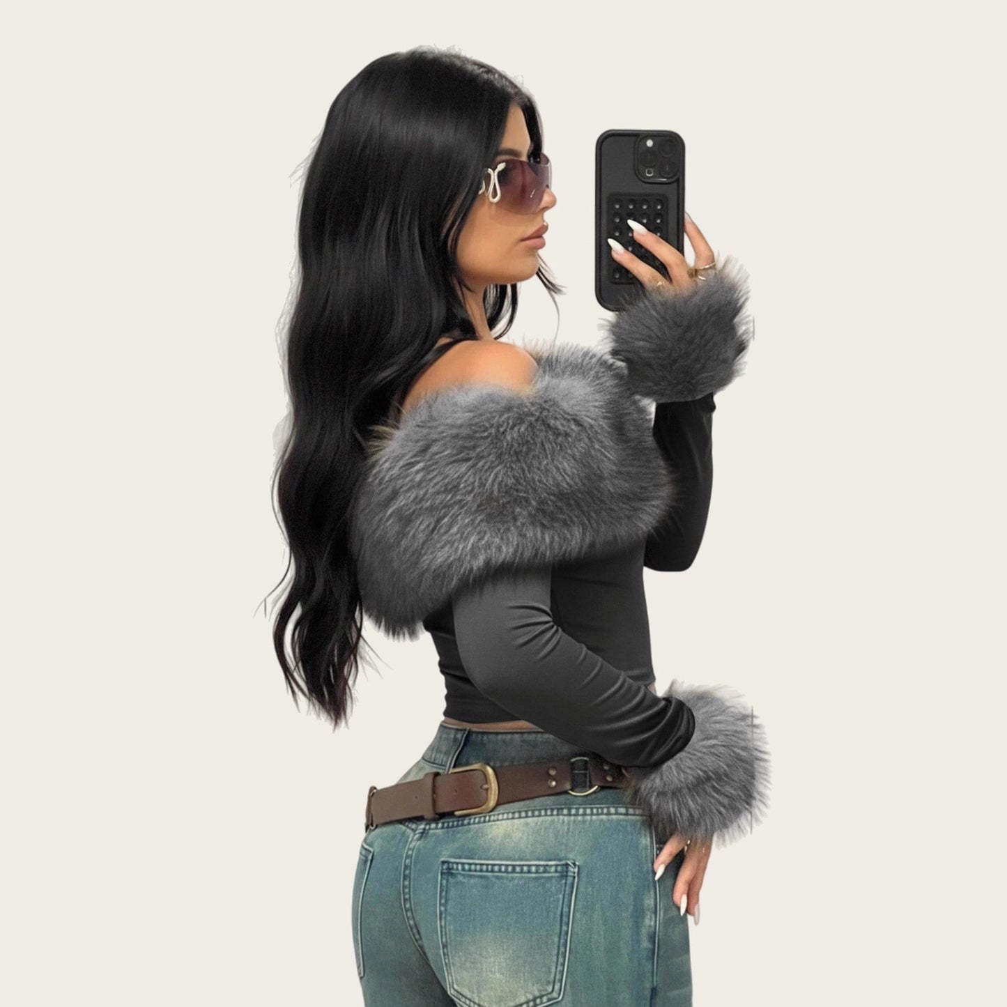 Chic Faux Fur Collar Off-Shoulder Long Sleeve Women's T-Shirt, Fashion Streetwear, Slim Fit, Casual Top for Spring and Autumn