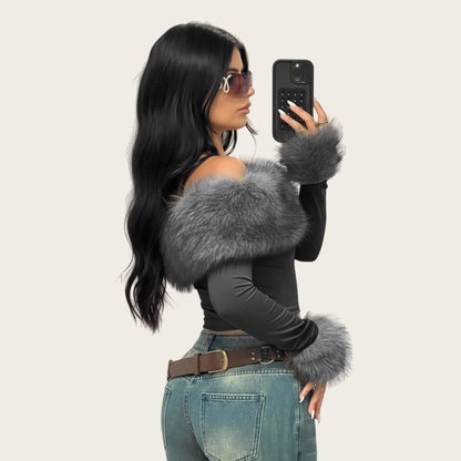 Chic Faux Fur Collar Off-Shoulder Long Sleeve Women's T-Shirt, Fashion Streetwear, Slim Fit, Casual Top for Spring and Autumn