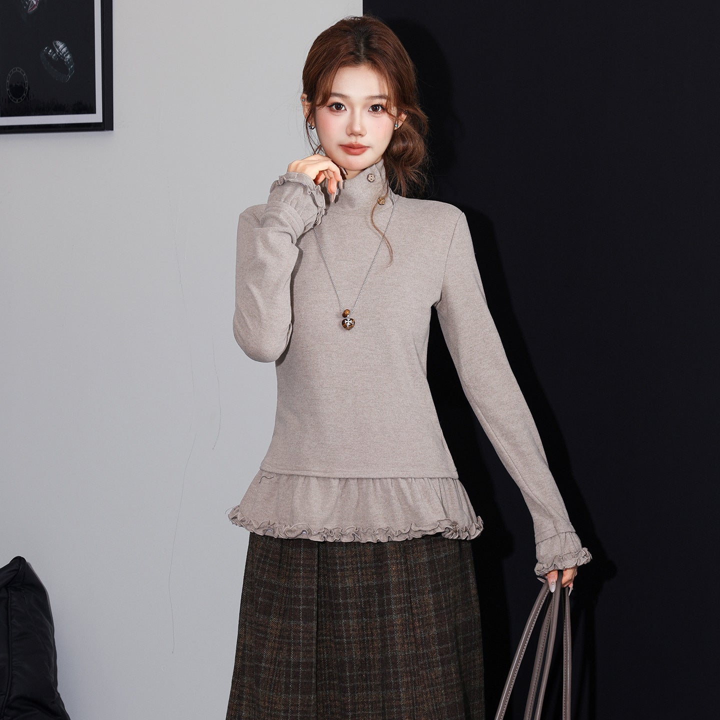 Chic Ruffled Hem High Neck Thick Long Sleeve T-Shirt for Women, Slim Fit Inner Layer Layering Basic Top
