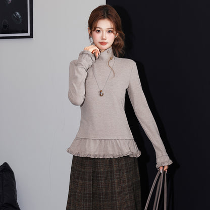 Chic Ruffled Hem High Neck Thick Long Sleeve T-Shirt for Women, Slim Fit Inner Layer Layering Basic Top