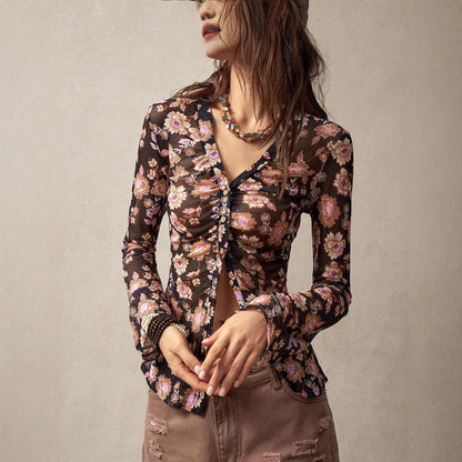 New printed shirt for women, slim fit and retro style commuting and vacation top