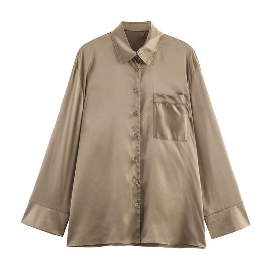 Silk pocket embellished satin long sleeved shirt