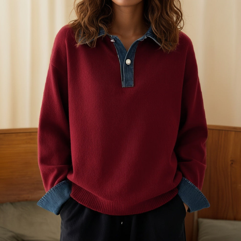 Cowboy patchwork top with collar and pullover sweater for women
