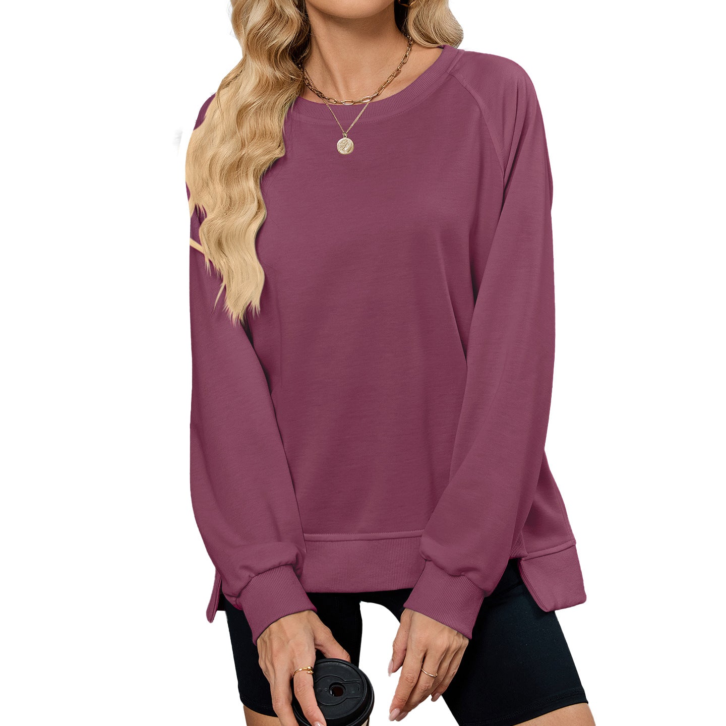 Simple Solid Color Ribbed Crew Neck Long Sleeve Loose Sweatshirt Women's Top