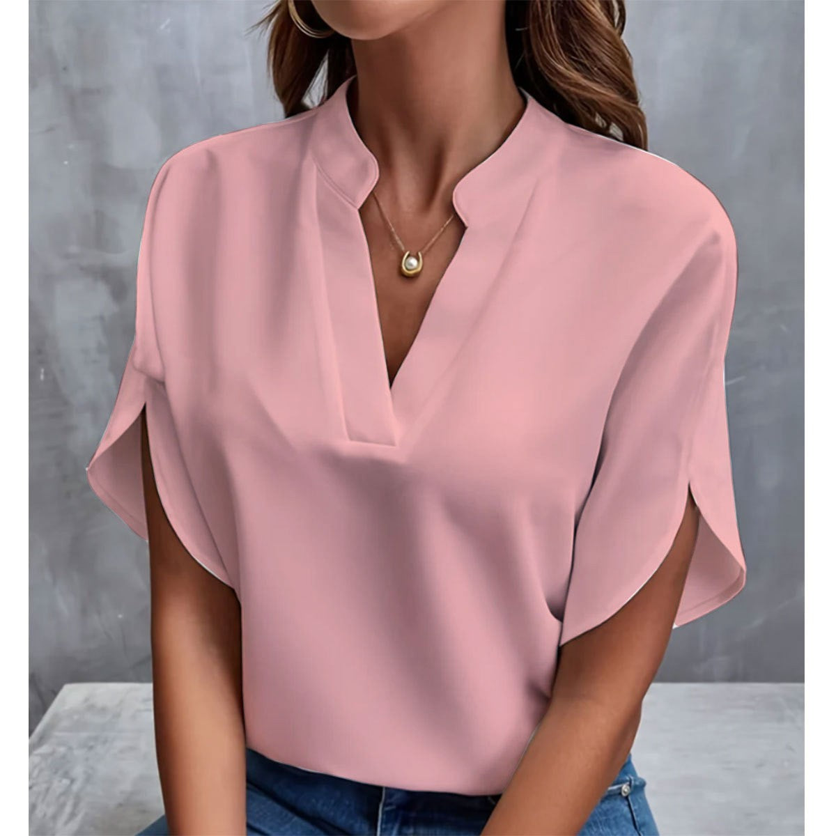 Casual Solid Color V-Neck Loose Shirt Top for Women