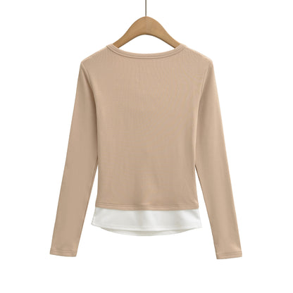 Splicing fake two piece sports long sleeved T-shirt