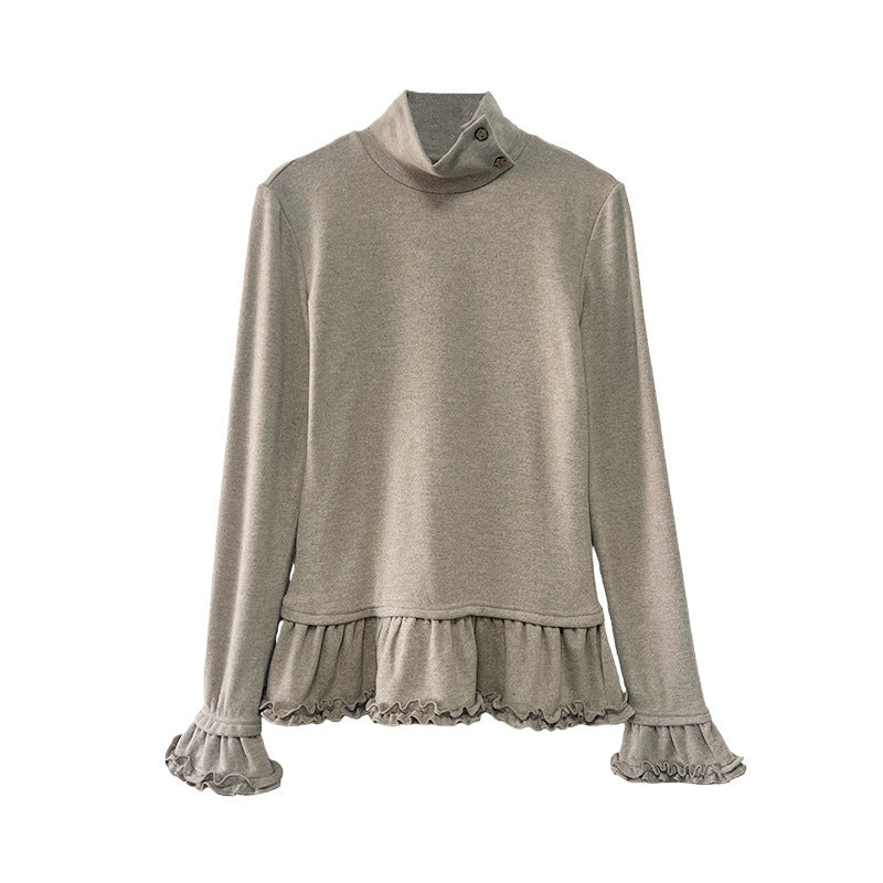 Chic Ruffled Hem High Neck Thick Long Sleeve T-Shirt for Women, Slim Fit Inner Layer Layering Basic Top