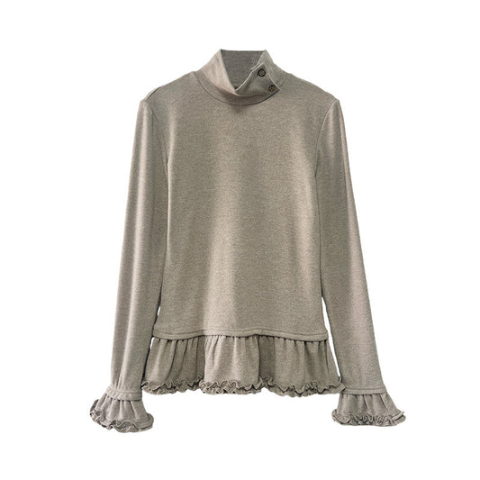 Chic Ruffled Hem High Neck Thick Long Sleeve T-Shirt for Women, Slim Fit Inner Layer Layering Basic Top