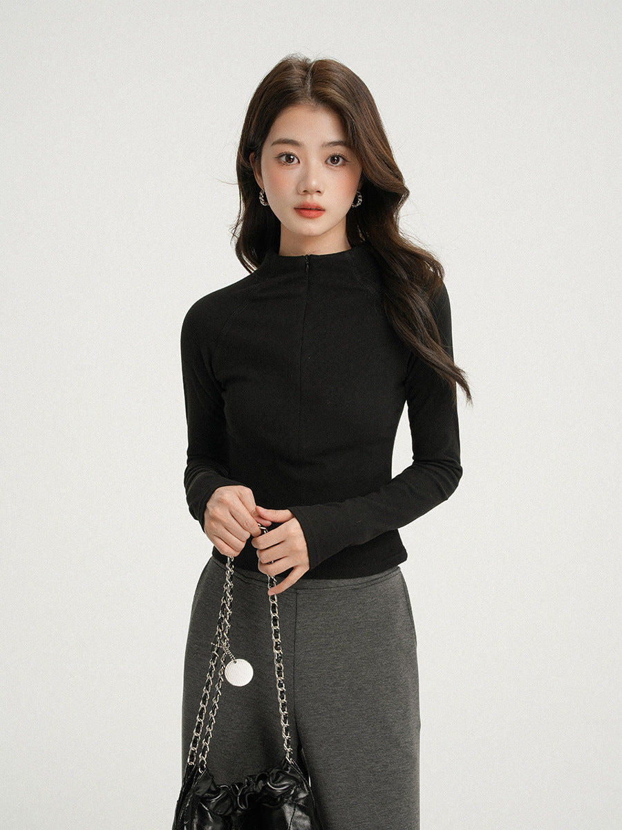 Apricot Half-Zip Thermal Long Sleeve T-Shirt for Women, Stand Collar, Slim Fit, Thickened Inner Layer Base Layer Shirt