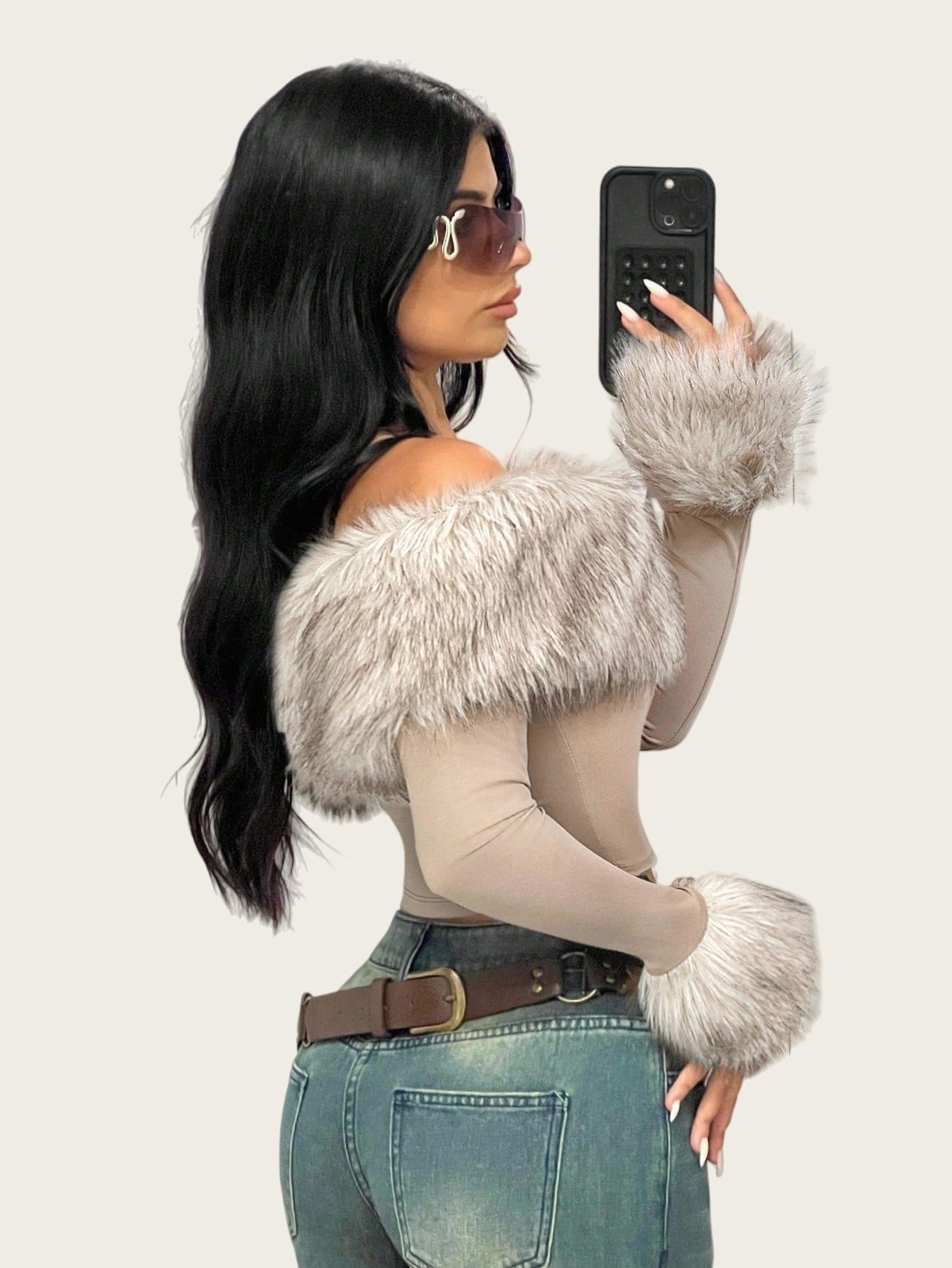 Chic Faux Fur Collar Off-Shoulder Long Sleeve Women's T-Shirt, Fashion Streetwear, Slim Fit, Casual Top for Spring and Autumn