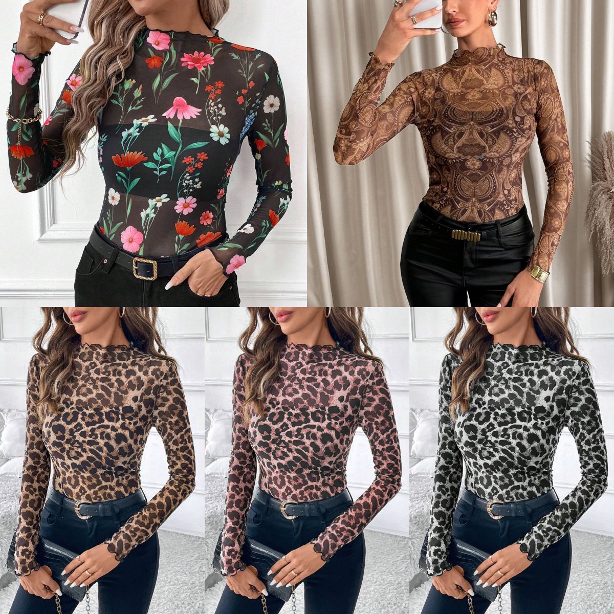 Sexy Leopard Print Mesh Ruffled Bodysuit T-Shirt for Women
