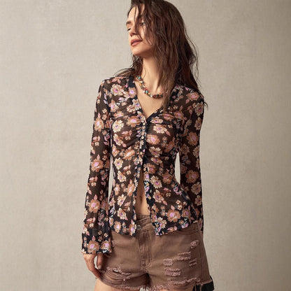 New printed shirt for women, slim fit and retro style commuting and vacation top