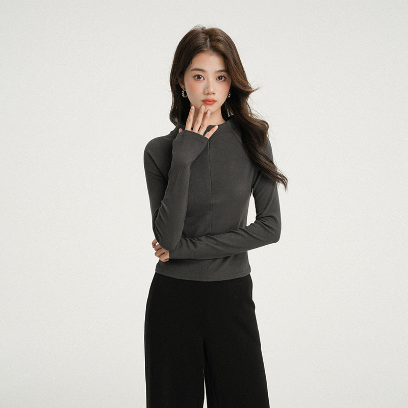 Apricot Half-Zip Thermal Long Sleeve T-Shirt for Women, Stand Collar, Slim Fit, Thickened Inner Layer Base Layer Shirt
