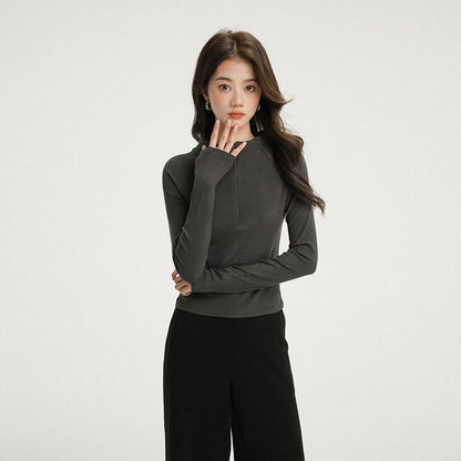 Apricot Half-Zip Thermal Long Sleeve T-Shirt for Women, Stand Collar, Slim Fit, Thickened Inner Layer Base Layer Shirt
