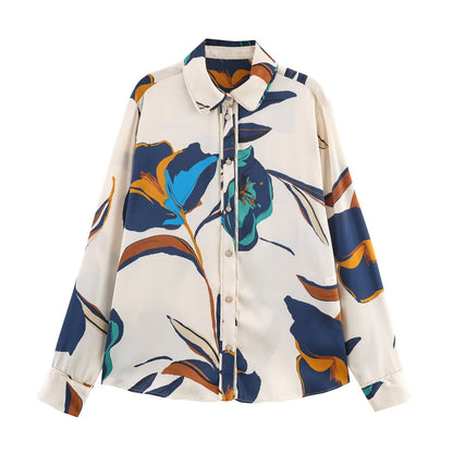Commuting style floral print silk textured shirt