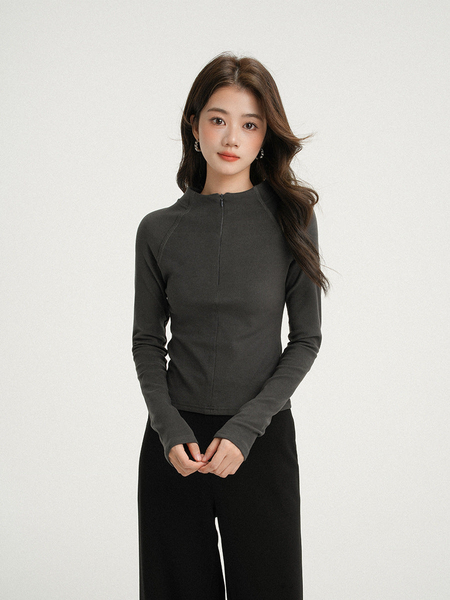 Apricot Half-Zip Thermal Long Sleeve T-Shirt for Women, Stand Collar, Slim Fit, Thickened Inner Layer Base Layer Shirt
