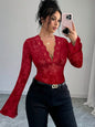 V-neck lace spliced mesh flare sleeve T-shirt for women