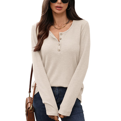 Solid color round neck button loose long sleeved T-shirt top for women