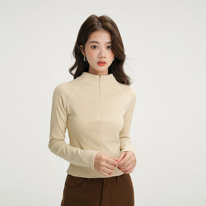 Apricot Half-Zip Thermal Long Sleeve T-Shirt for Women, Stand Collar, Slim Fit, Thickened Inner Layer Base Layer Shirt
