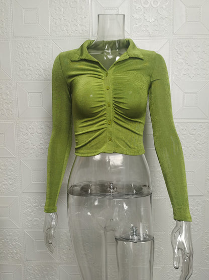 Fashion Sexy Crop Top with Open Front Turn-Down Collar Long Sleeve Shirt for Women