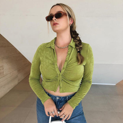 Fashion Sexy Crop Top with Open Front Turn-Down Collar Long Sleeve Shirt for Women