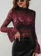 Fashionable Pineapple Floral Lace Slim Fit Flared Sleeve Top for Women