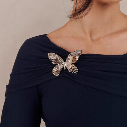 One shoulder butterfly brooch design slim fit long sleeved women's top