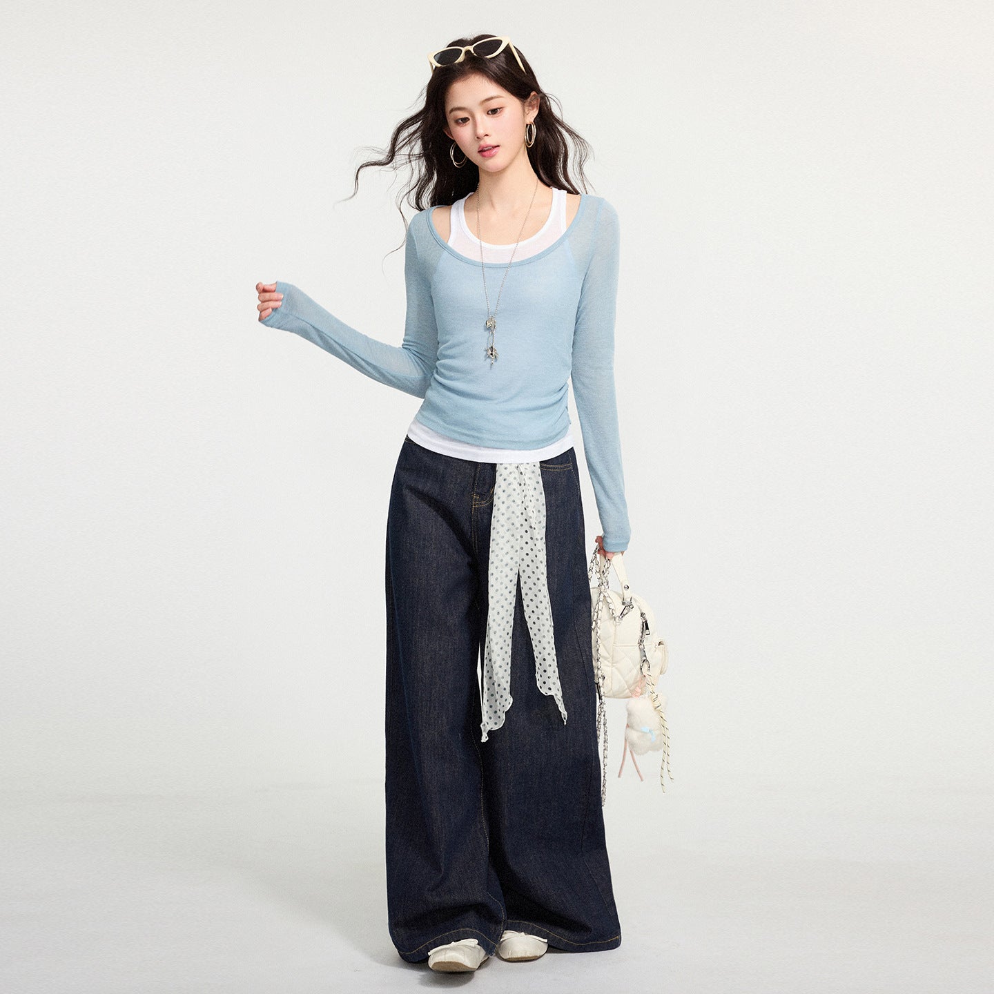 Color Block False Two-Piece Spliced Long Sleeve T-Shirt for Women,  Pleated Slim Fit, Elegant and Stylish Top