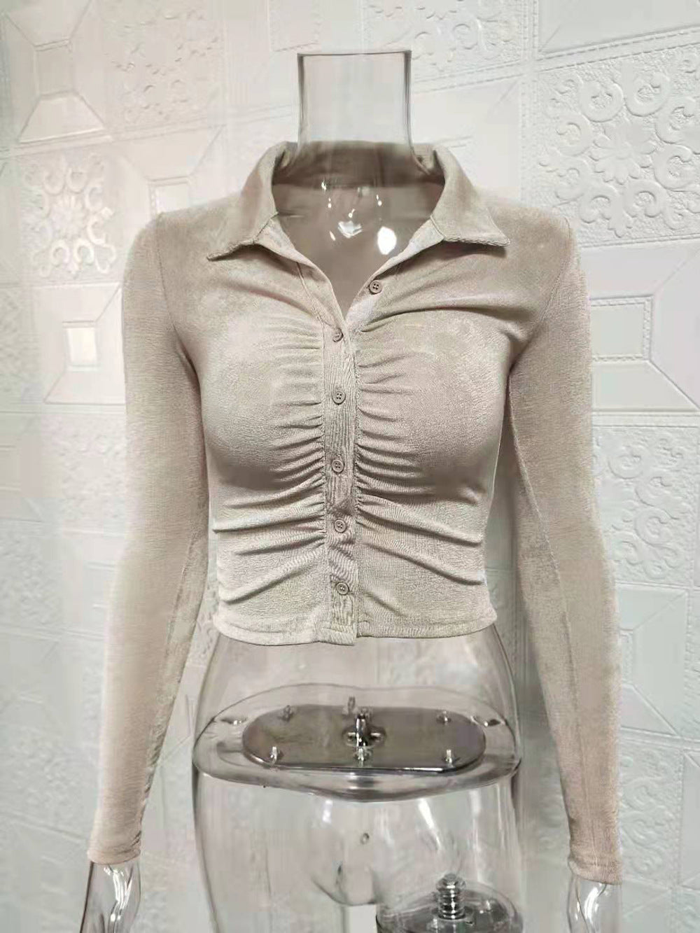 Fashion Sexy Crop Top with Open Front Turn-Down Collar Long Sleeve Shirt for Women