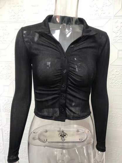 Fashion Sexy Crop Top with Open Front Turn-Down Collar Long Sleeve Shirt for Women