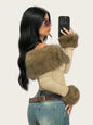 Chic Faux Fur Collar Off-Shoulder Long Sleeve Women's T-Shirt, Fashion Streetwear, Slim Fit, Casual Top for Spring and Autumn