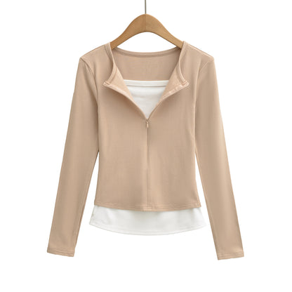 Splicing fake two piece sports long sleeved T-shirt