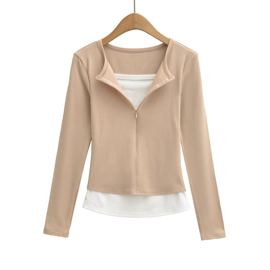 Splicing fake two piece sports long sleeved T-shirt