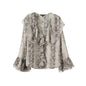 Gentle style design with snake print and ruffle edge V-neck shirt