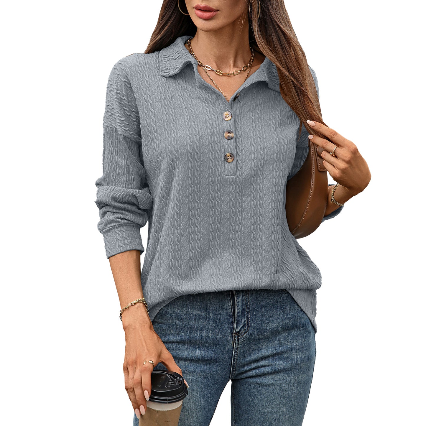 Solid color lapel button loose long sleeved top for women