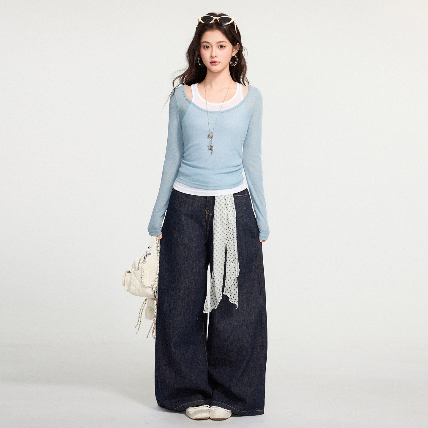 Color Block False Two-Piece Spliced Long Sleeve T-Shirt for Women,  Pleated Slim Fit, Elegant and Stylish Top