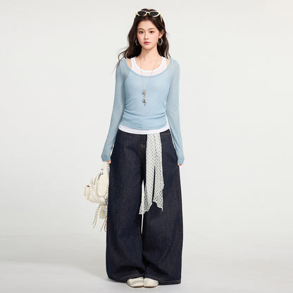 Color Block False Two-Piece Spliced Long Sleeve T-Shirt for Women,  Pleated Slim Fit, Elegant and Stylish Top