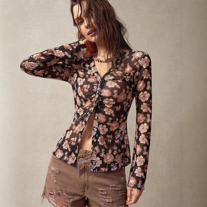 New printed shirt for women, slim fit and retro style commuting and vacation top