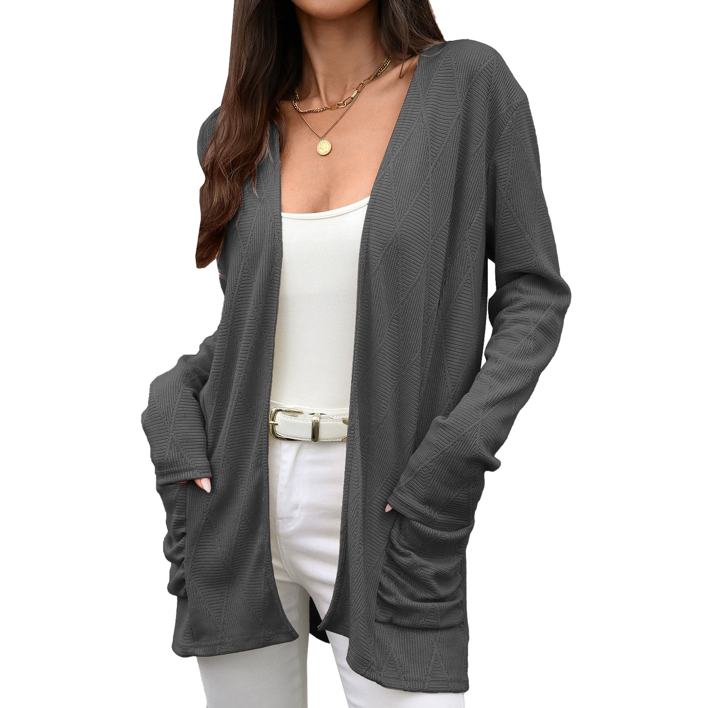 Solid color long sleeved pocket top for women