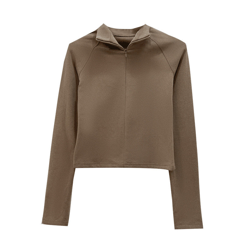 Apricot Half-Zip Thermal Long Sleeve T-Shirt for Women, Stand Collar, Slim Fit, Thickened Inner Layer Base Layer Shirt