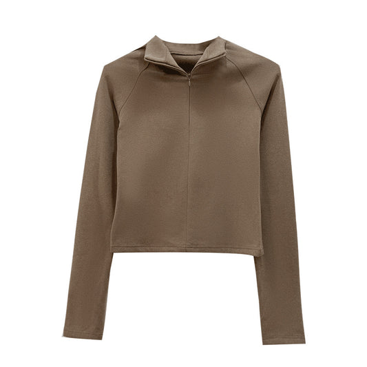 Apricot Half-Zip Thermal Long Sleeve T-Shirt for Women, Stand Collar, Slim Fit, Thickened Inner Layer Base Layer Shirt