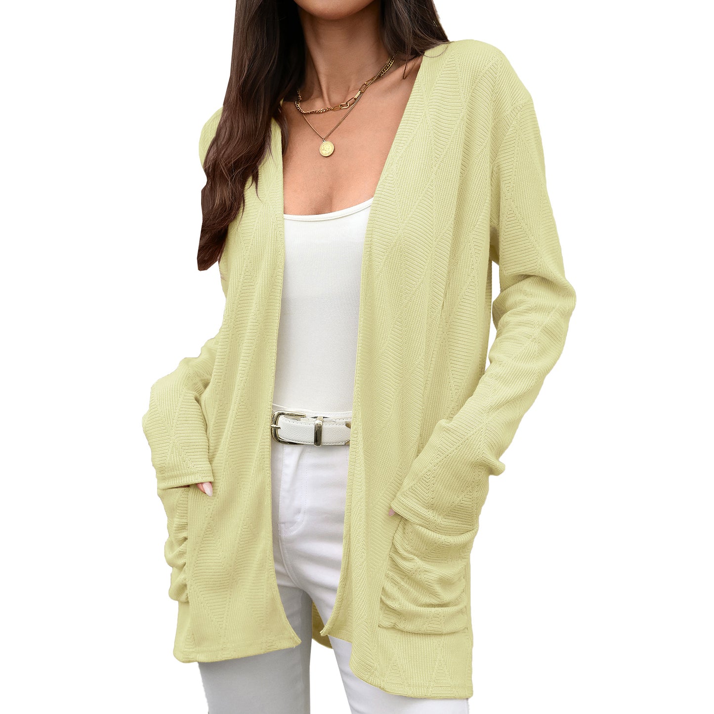 Solid color long sleeved pocket top for women