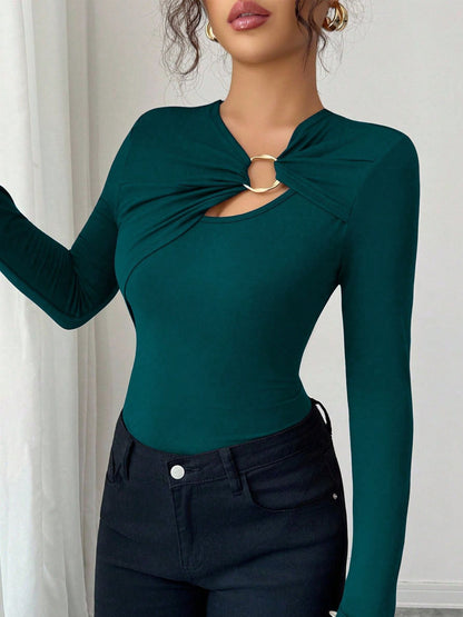 Asymmetric Hollow-out Metal Decorated Slim Fit Women's Autumn Top